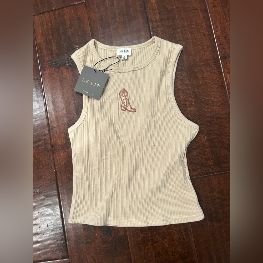 NWT LE LIS Beige Ribbed Tank Top with Cowboy Boot Embroiders